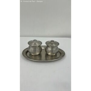 Vintage WEB Pewter Lidded Sugar Serving Cup #1137 W/ 9" Serving Tray Great Cond.